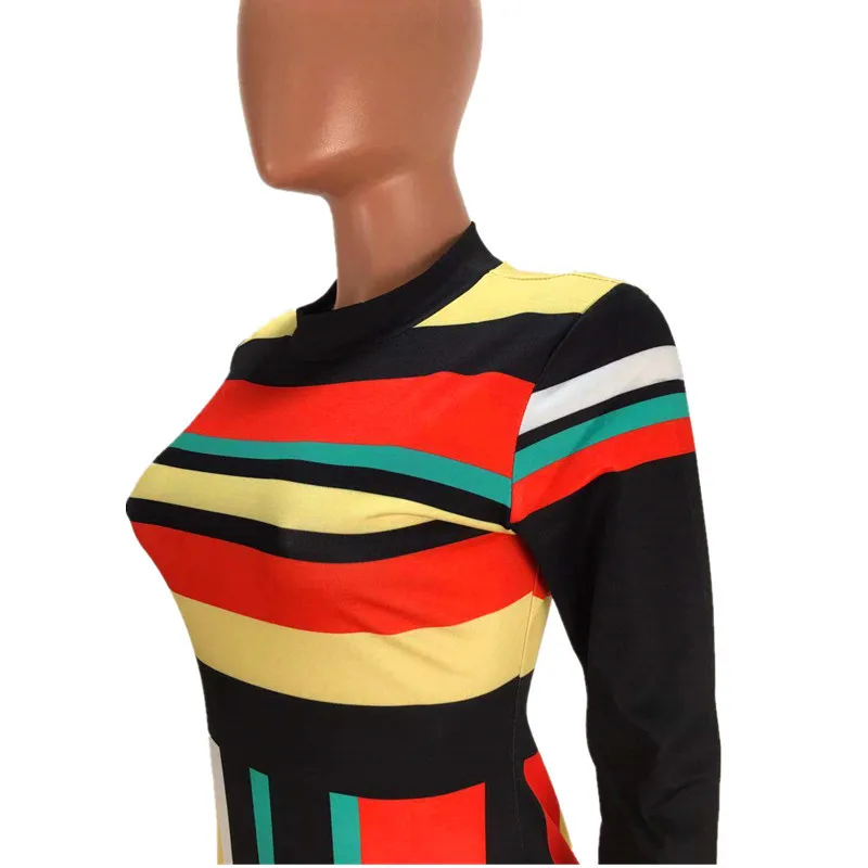 

Hot Selling Women Dress O-Neck Long Sleeve Contrast Color Striped Printing Bodycon Knee Length Dresses For Nightclub Party