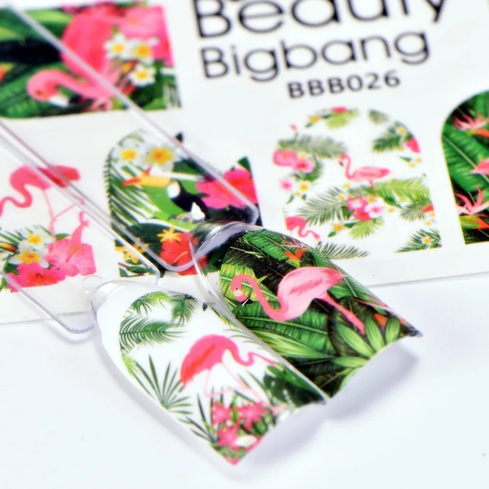 

BeautyBigBang 8 Sheets Nail Art Sticker Water Slider Decoration Flamingo Trees Design DIY Manicure Transfer Nail Art Decals