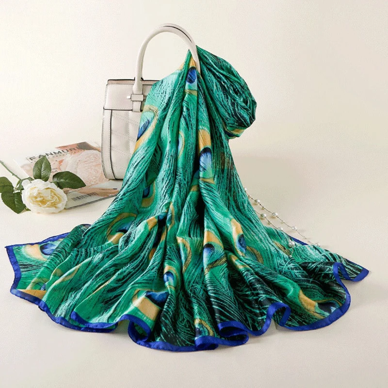 Foulard Women Scarfs Green Peacock Print Silk Shawls and Wraps Pashmina Scarves Lady Beach Scarfs Female Hijab  New