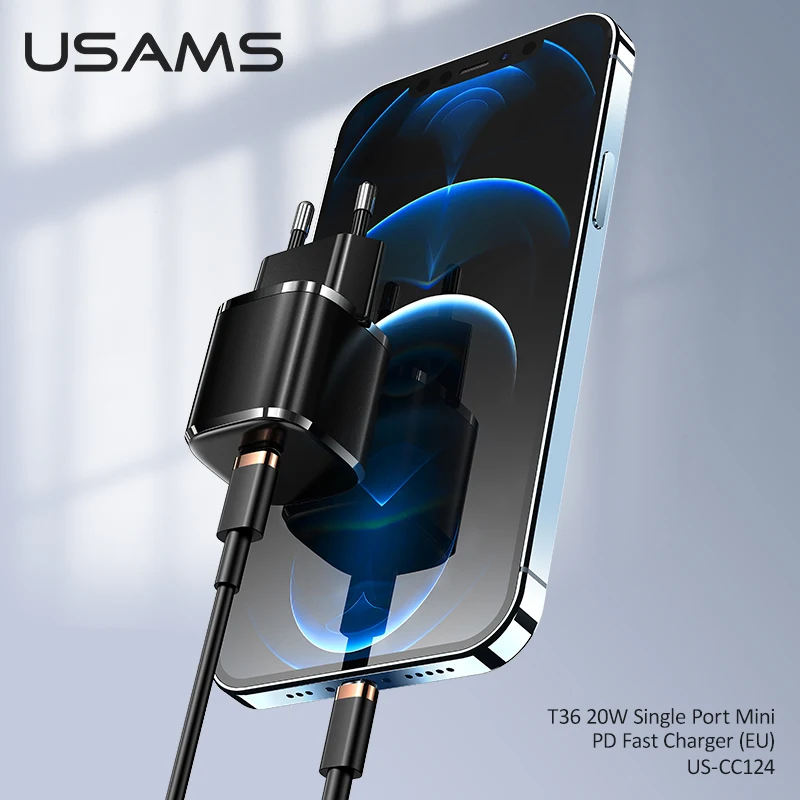 Зарядное устройство USAMS PD 20 Вт + кабель Type C на Lightning для iPhone 12 Pro Max Mini QC4.0 QC3.0 сетевое