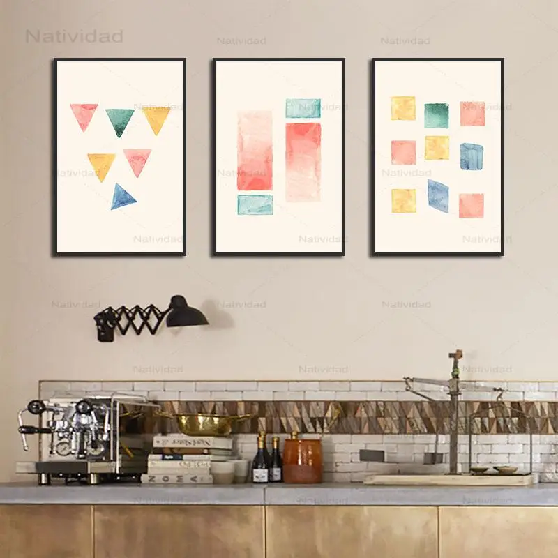 Абстрактная Картина на холсте квадраты прямоугольные и треугольники разных форм