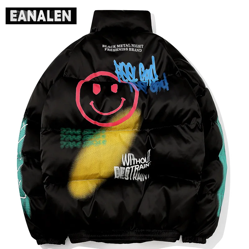 Harajuku graffiti smiley parka men's jacket park oversized hip-hop vintage boyfriend style down jacket jacket ladies loose