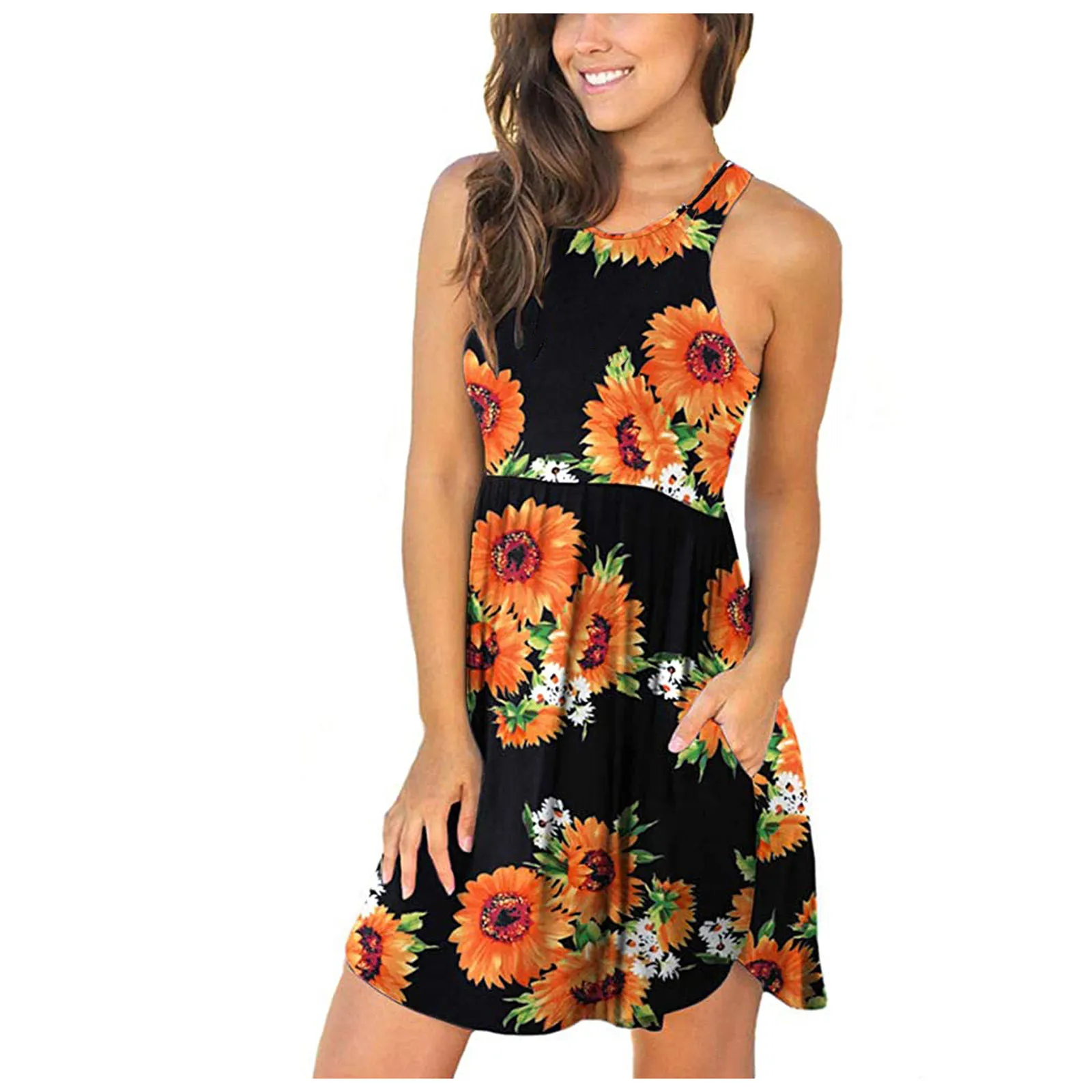 

Ladies Printed Waist-Large Swing Dress Round Neck Pullover Pocket Floral Skirt