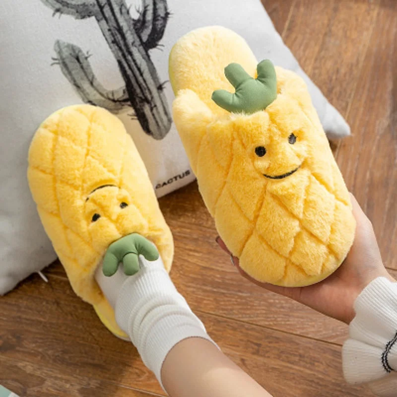 

Cotton Slippers Female Autumn Winter New Fruit Lovely Pineapple Ladies Shoes Round Toe Indoors Soft Home Flat Women's Slippers