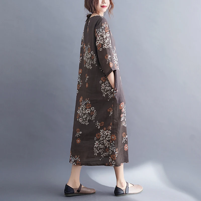

Autumn home casual round neck plus size dress 2020 new literary retro print long dress loose and comfortable
