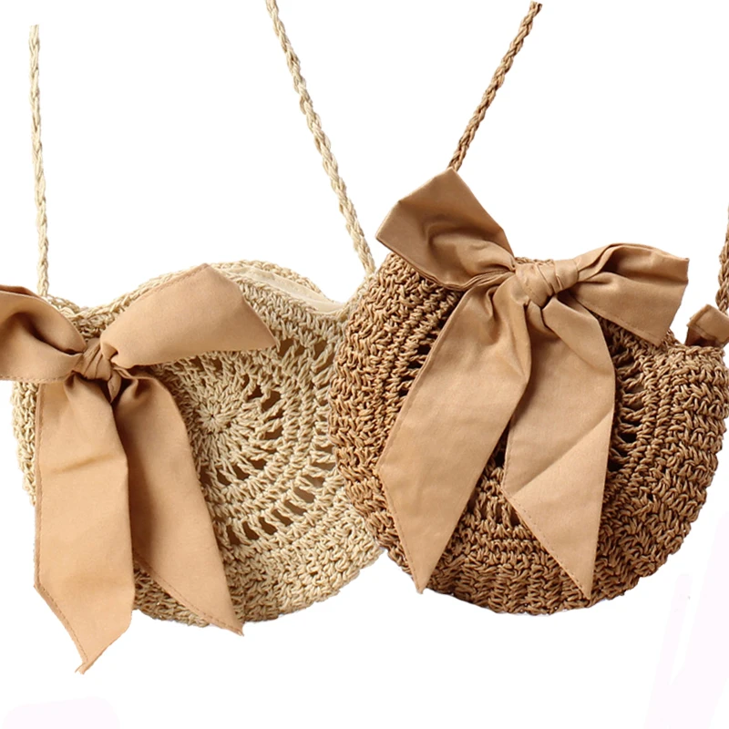 

Summer Beach Vacation Round Raffia Straw Rattan Messenger Bag Casual Handmade Woven Shoulder Bags with Bow Vintage Handbag