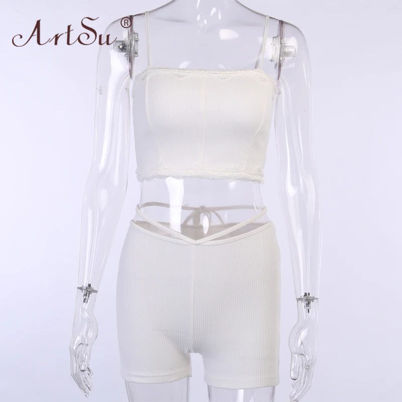 

ArtSu Sexy Slim White Casual Women Slash Neck Patchwork Lace Cami Crop Top And High Waist Lace Up Shorts Daily Two Pieces Set