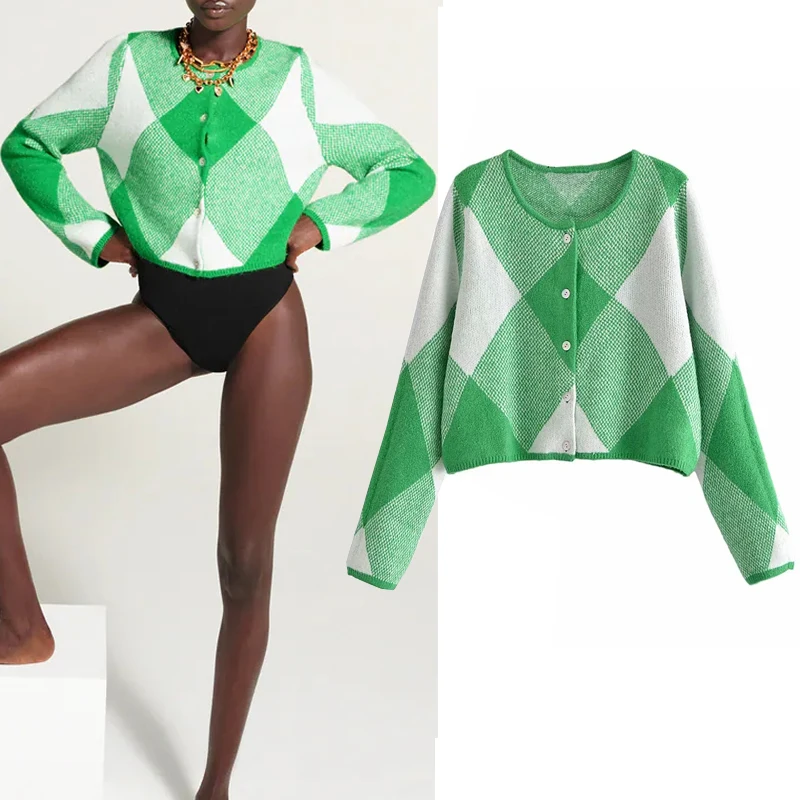 

Женский вязаный кардиган Za, зеленый укороченный свитер с узором ромбиками, винтажный кардиган на пуговицах с длинным рукавом, осень 2021