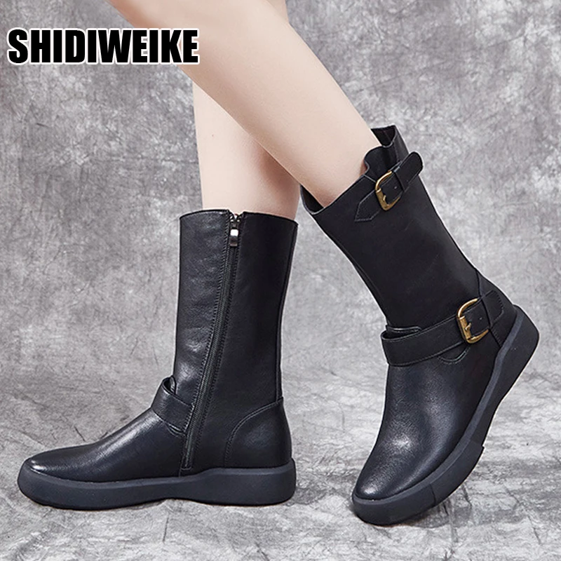 

Women Buckle Mid-Calf Boots Female Low Square Heel Zipper Boots 2021 Woman Fall Winter Pu Flat Shoes Black brown Size 40 vc1306