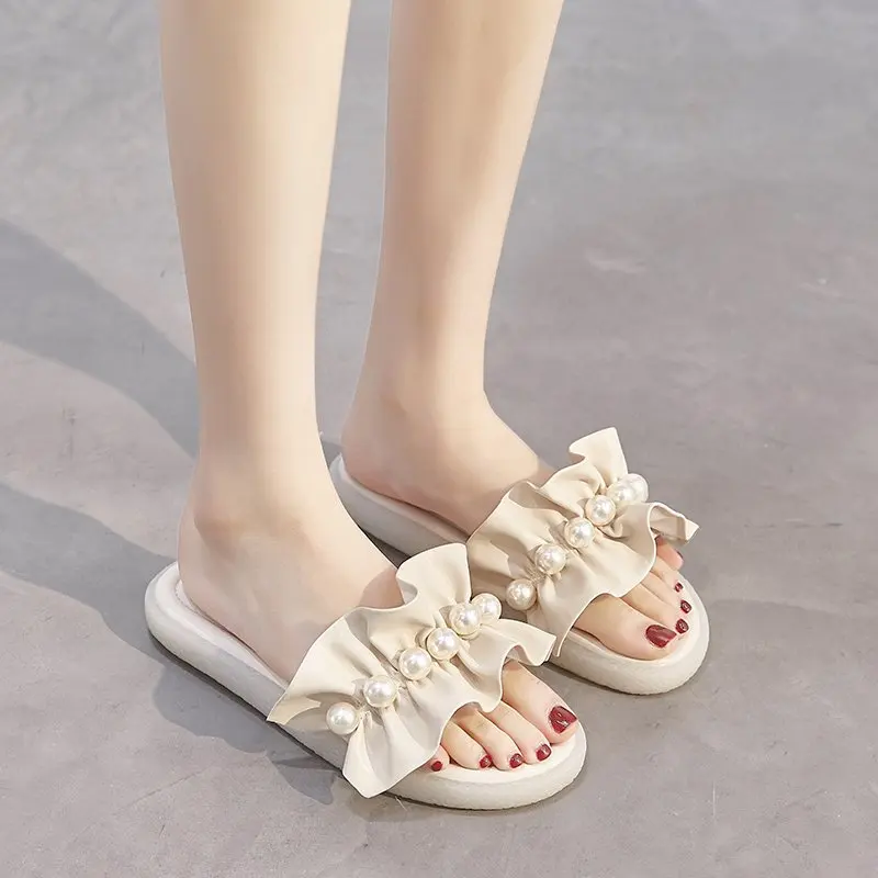 

Butterfly-Knot Shoes Woman 2021 Low Slippers Flat Pantofle String Bead Luxury Slides Rubber New Designer Summer Fabric PU Butter