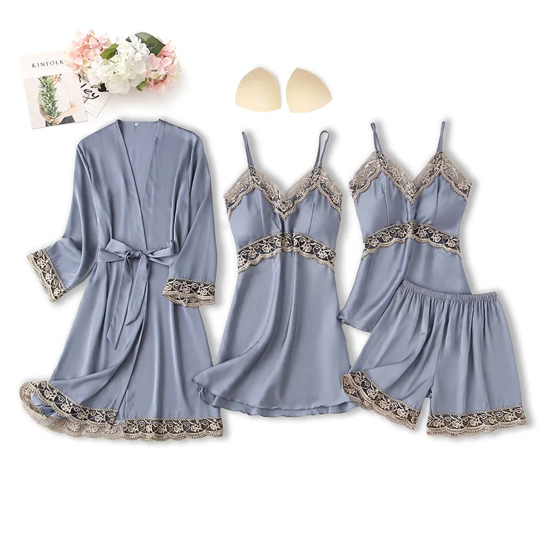 

4PCS Pajamas Set Satin Women Sleepwear Sexy Nightgown Spring New Lace Patchwork Kimono Gown Hollow Out Intimate Lingerie
