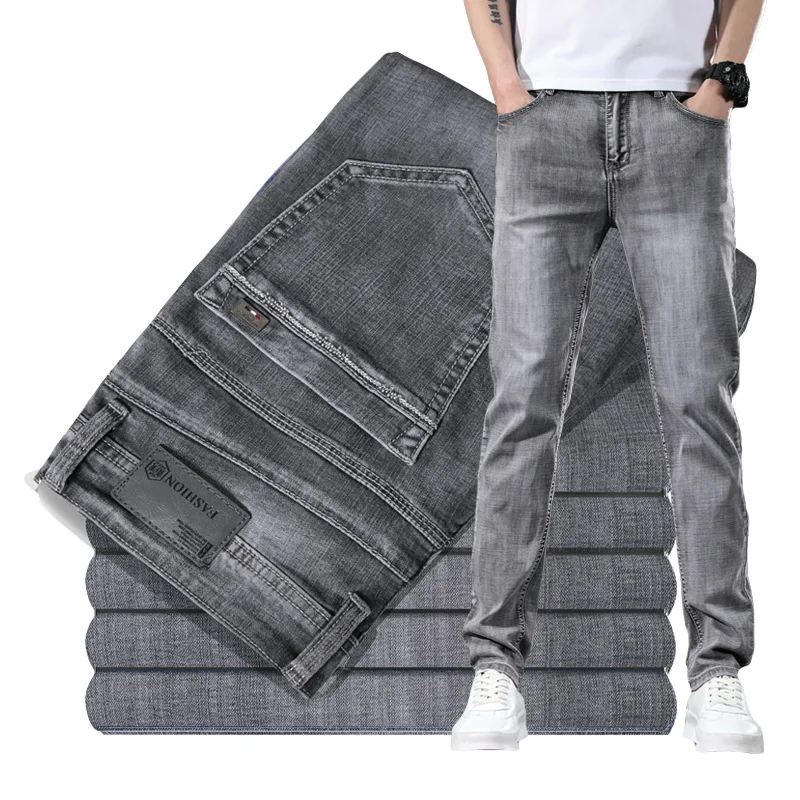 

Baggy Straight Men Jeans Spring Autumn New Business Casual Classic Grey Blue Male Stretch Denim Pants Trousers 38-40