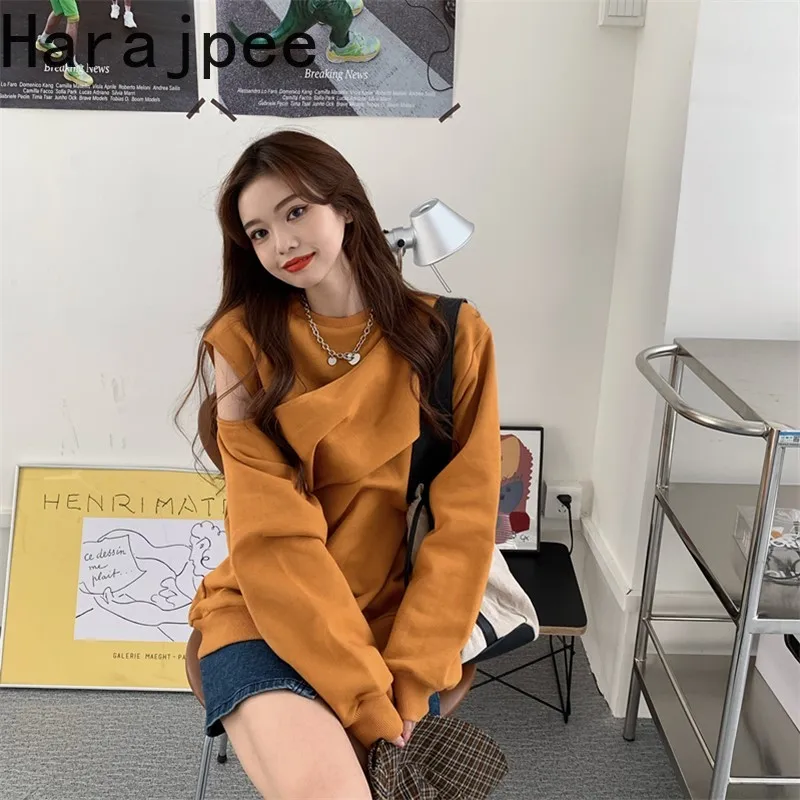 

Пуловер в стиле харадзпи с открытыми плечами, однотонный, в стиле пэчворк, новинка 2021, женские осенние свободные тонкие корейские универсал...