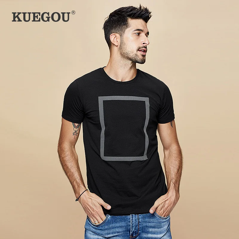KUEGOU Мужская футболка с коротким рукавом модная эластичная из 95% хлопка мужская