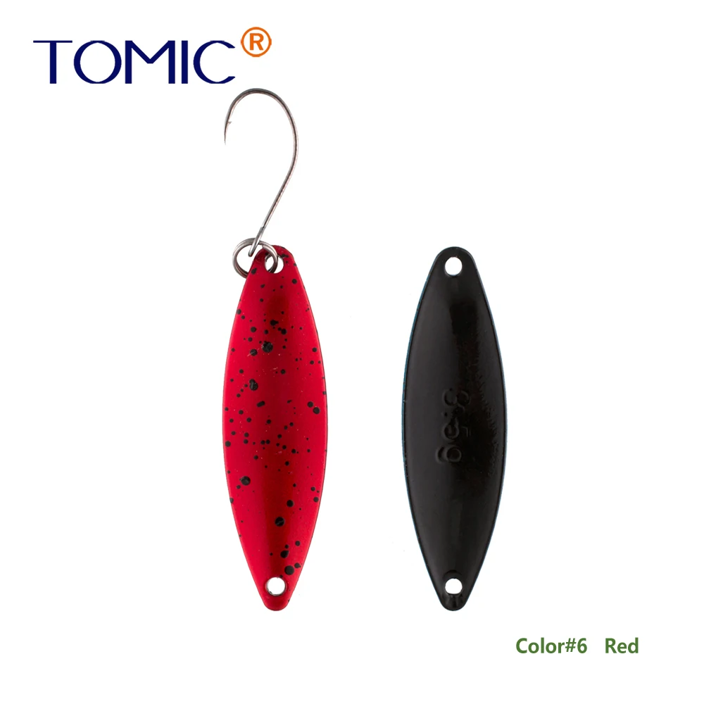 Tomic 1 шт. 1,6 г 2,7 г 3,5 г микро узкие латунные металлические ложки УФ сверкающие цвета окунь форель области один крючок рыболовные приманки Pesca - Цвет: red