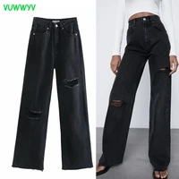 za 2021 black y2k high waist ripped jeans for women fashion streetwear wide leg woman jeans high street straight pants pockets