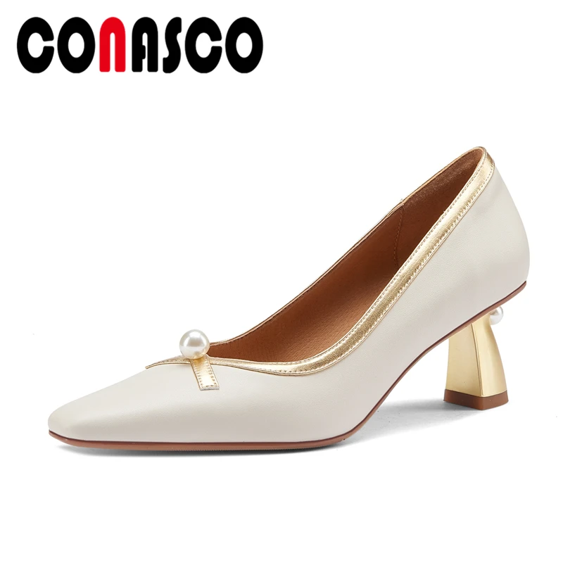 

CONASCO Basic Genuine Leather Women Pumps Pearl Shallow High Heels Shoes Woman Spring Party Office Classic Pumps Concise Elegant