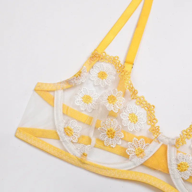 Комплект женского нижнего белья с цветочным принтом эротическое белье желтого