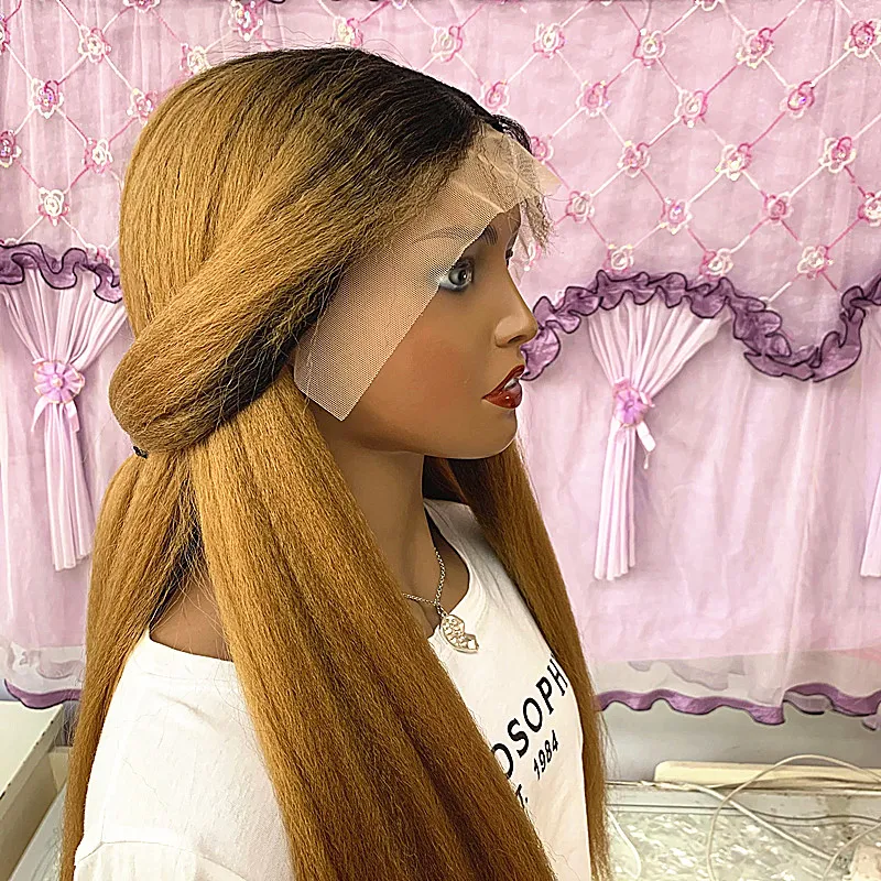 

Long Kinky Straight Synthetic Wigs ombre 1B 27 Yaki Lace Front Wig For Women Middle Part Daily Cosplay Wigs Heat Resistant Hair