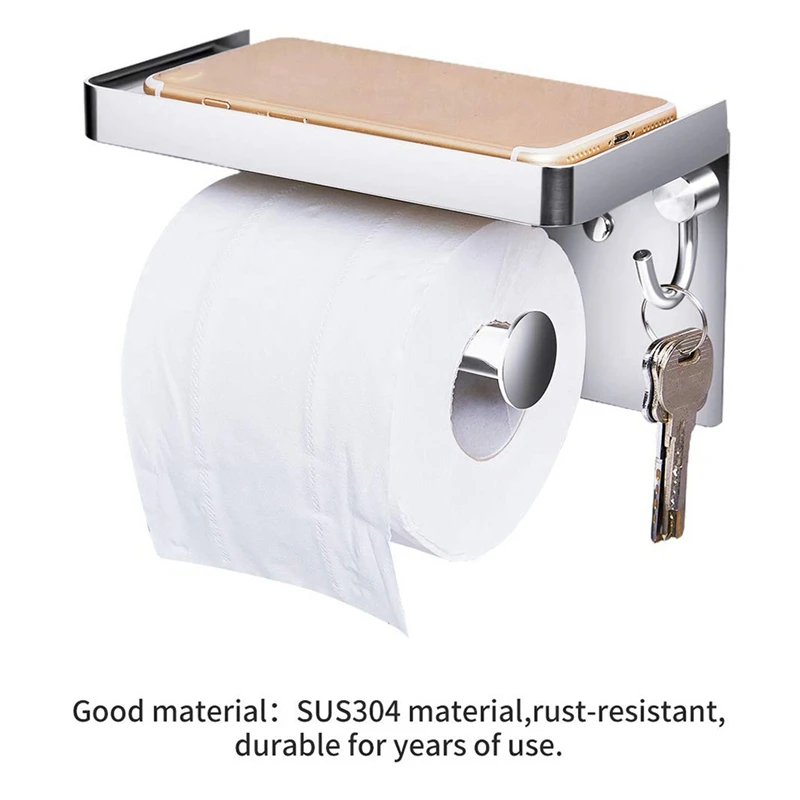 

Toilet Paper Holder with Phone Shelf Hook, Bathroom Paper Towel Holder, Storage Shelf Stainless Steel Wall Mounted 1 Pcs