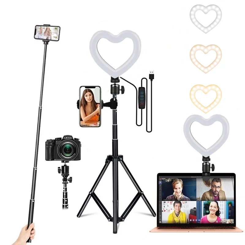 

Dimmable LED Selfie Ring Fill Light Heart Phone Camera Photographic Lighting Ring Lamp With Tripod For Makeup Video Live Tik Tok