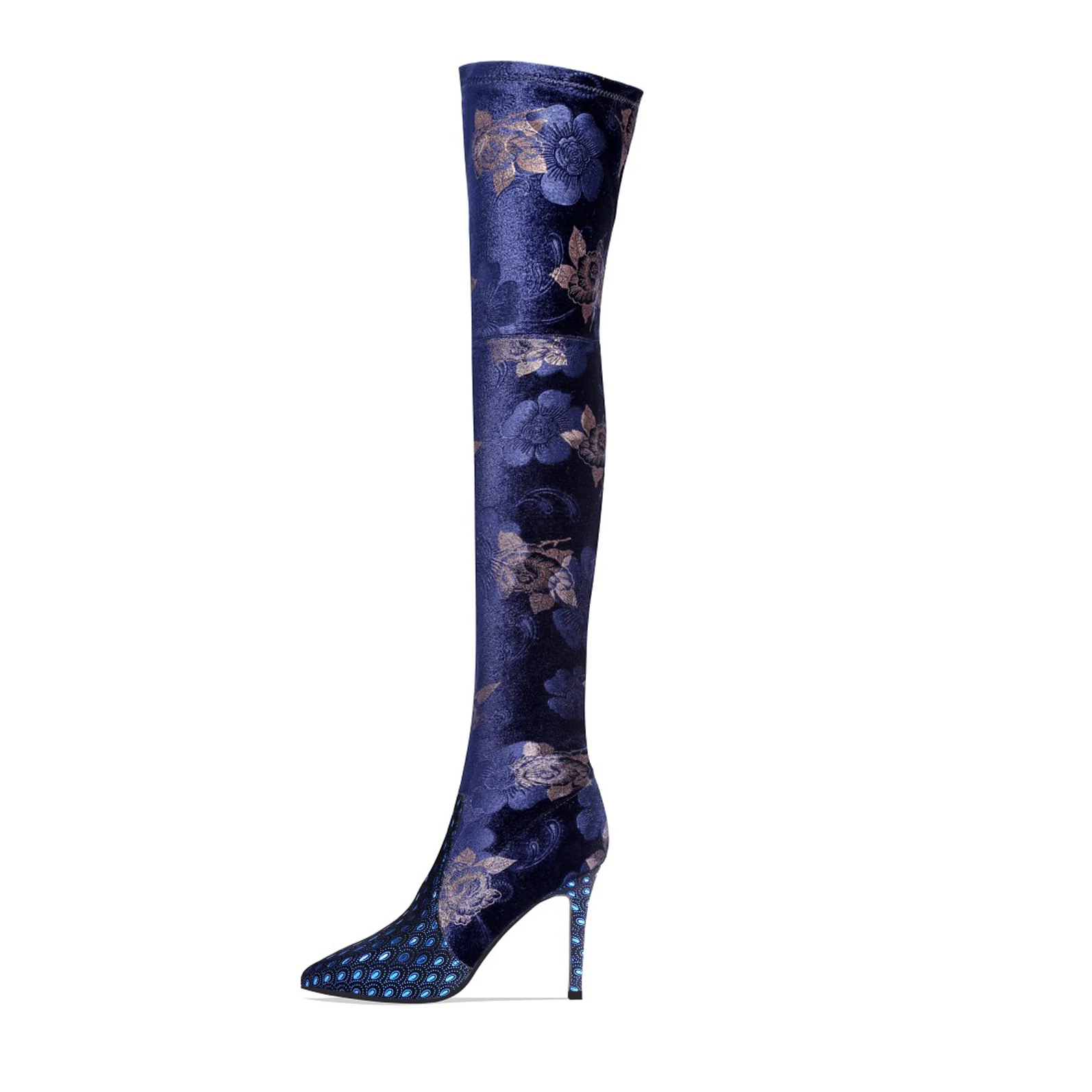 Kopen Bloemen Handgemaakte Schapenvacht Wees Teen Over-de-Knie Laarzen Super Hoge Hakken Bloemen Zwart Blauw Schoenen Voor Vrouw Korte 9cm