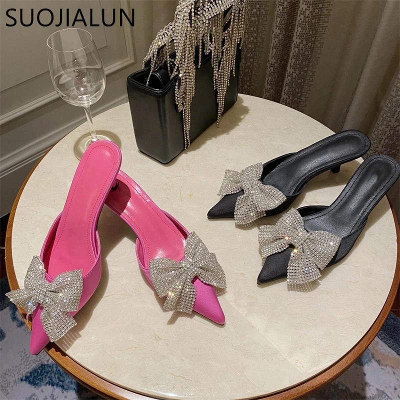 

SUOJIALUN Fashion Women Slippers New Brand Crystal Bow-knot Pointed Toe Slip On Mules Shoes Thin Low Heel Outdoo Dress Shoes