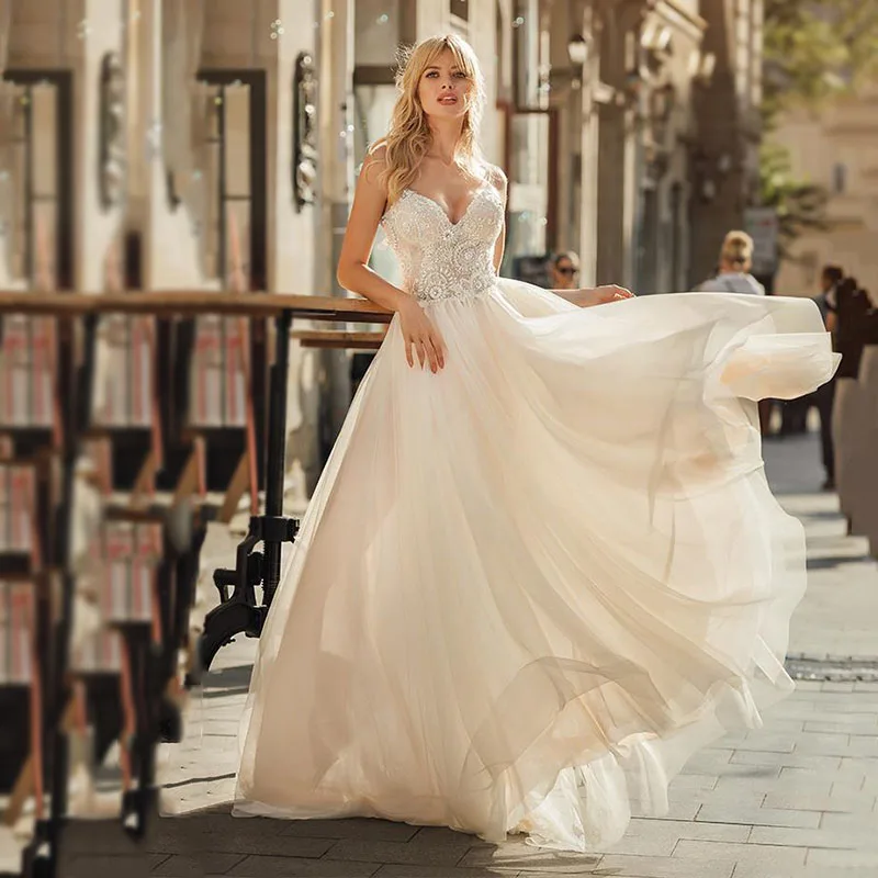 

YILIBER New simple wedding dress backless sleeveless design chiffon lace bride dresses princess dress plus size tailor-made
