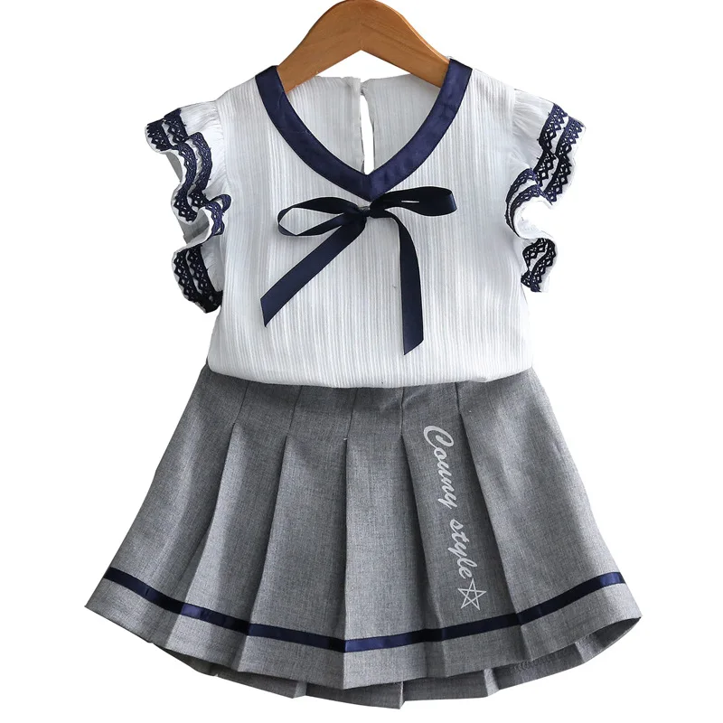 

Children Clothing Girls Summer Skirt Sets Kids Clothes Lace Short-sleeve School Style Baby Girl Clothes Two Piece Skirt Set 2-6T