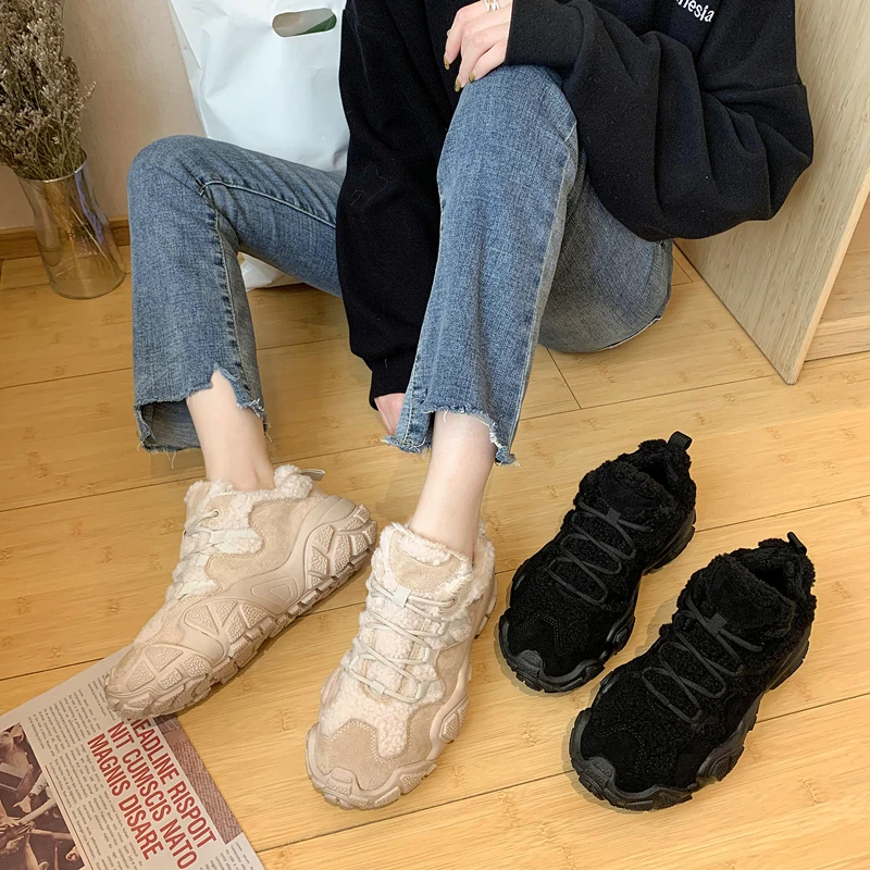 

Women shoes Nice winter new net red wild plus velvet warm thick bottom sneakers female black casual dad shoes vulcanized shoes