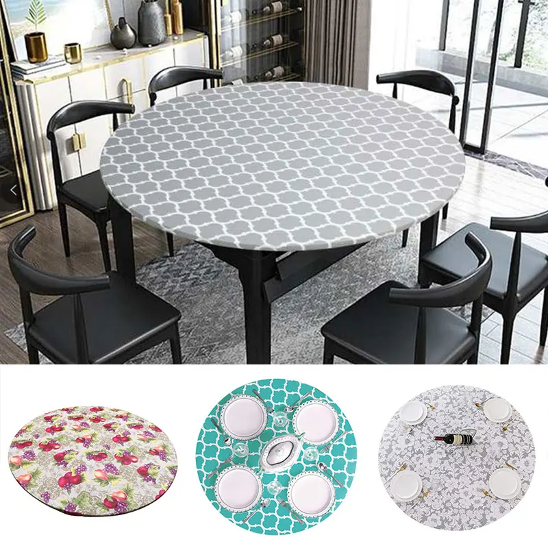 

Dust-Proof Stain-Resistant Plastic Fitted Table Cover Waterproof Round Fitted Tablecloth F/ Home Dining Room Elastic Table Cloth