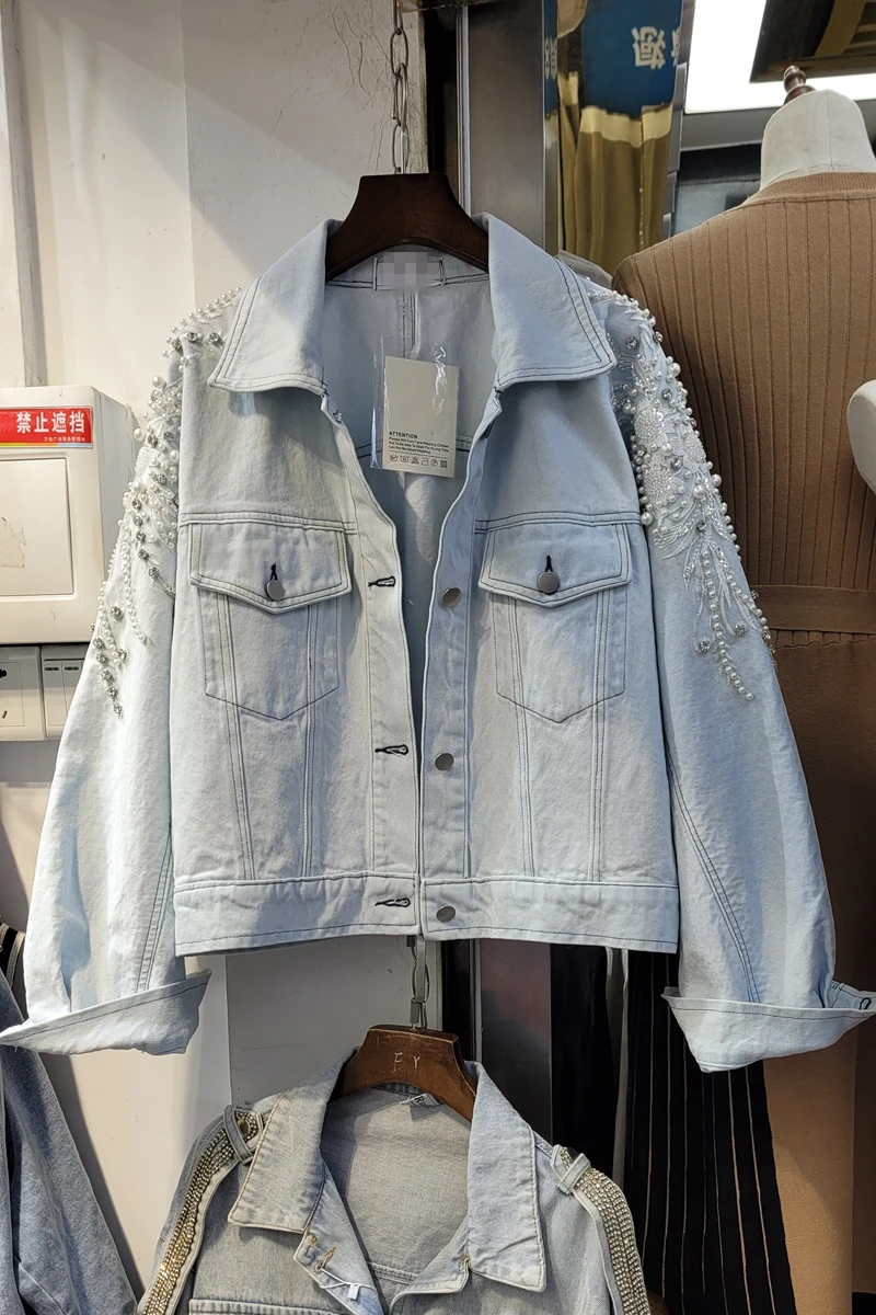 

Harajuku Beads Jeans Denim Jacket Female 2021 Spring Loose Short Coat Woman Casual Jean Jackets Women Jeans Coats Mujer Chaqueta