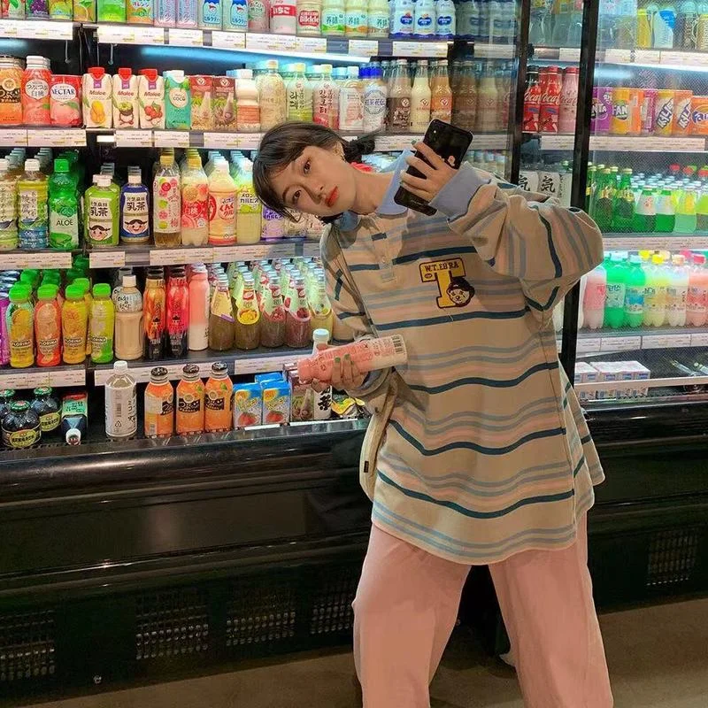 

Stripe Vintage Polo Collar Bear Print Thin Oversized Sweatshirt Women Long Sleeve Casual Streetwear Teens Japanese Fashion Tops