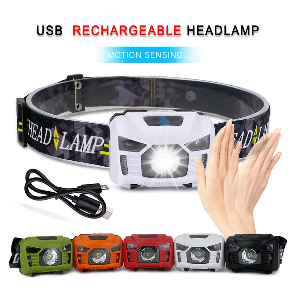 Portable LED Headlamp Use 18650 Battery With Motion Sensor USB Rechargeable Waterproof For Camping Outdoor Lighting | Лампы и