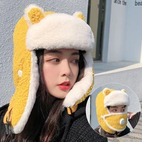 ht3375 new fashion russian hat thick warm lamb wool winter hat with mask women cute ski earflap trapper cap ladies bomber hat