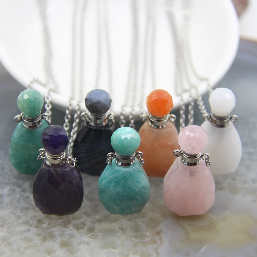 

Plated Silvers Chain Faceted Drop Amazonite Quartz Perfume Bottle Pendant Necklace,Gems stone Essential Oil Diffuser Vial Charms