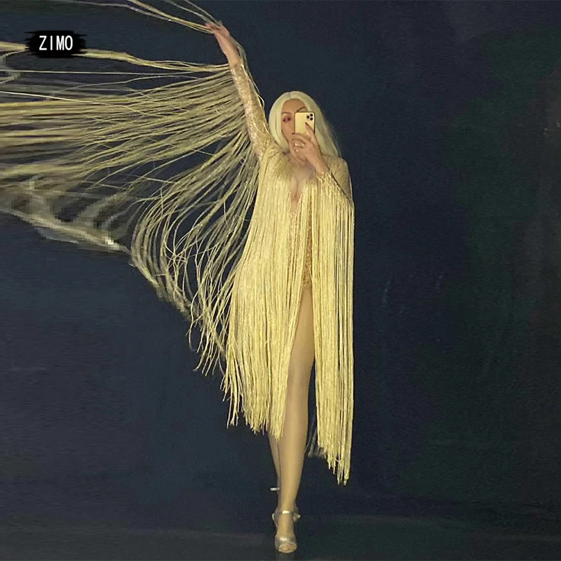 Сексуальное золотистое длинное боди с бахромой костюм для сцены вечерние