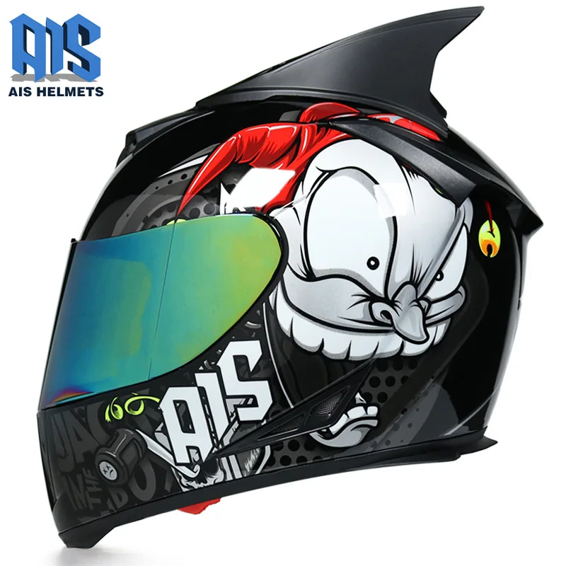 

AIS Full Face Racing Helmet Motorcycle Double Lens Inner Sun Visor Horn Personality Cascos Para Moto DOT Approved Safety Riding