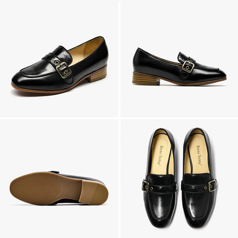 BeauToday/женские лоферы из телячьей кожи с металлической пряжкой и круглым носком