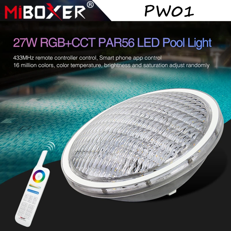 

Miboxer PW01 27W RGB+CCT PAR56 Underwater LED Pool Light 8-Zone IP68 Waterproof Smart LED Light 433MHz Remote & APP Voice Contro