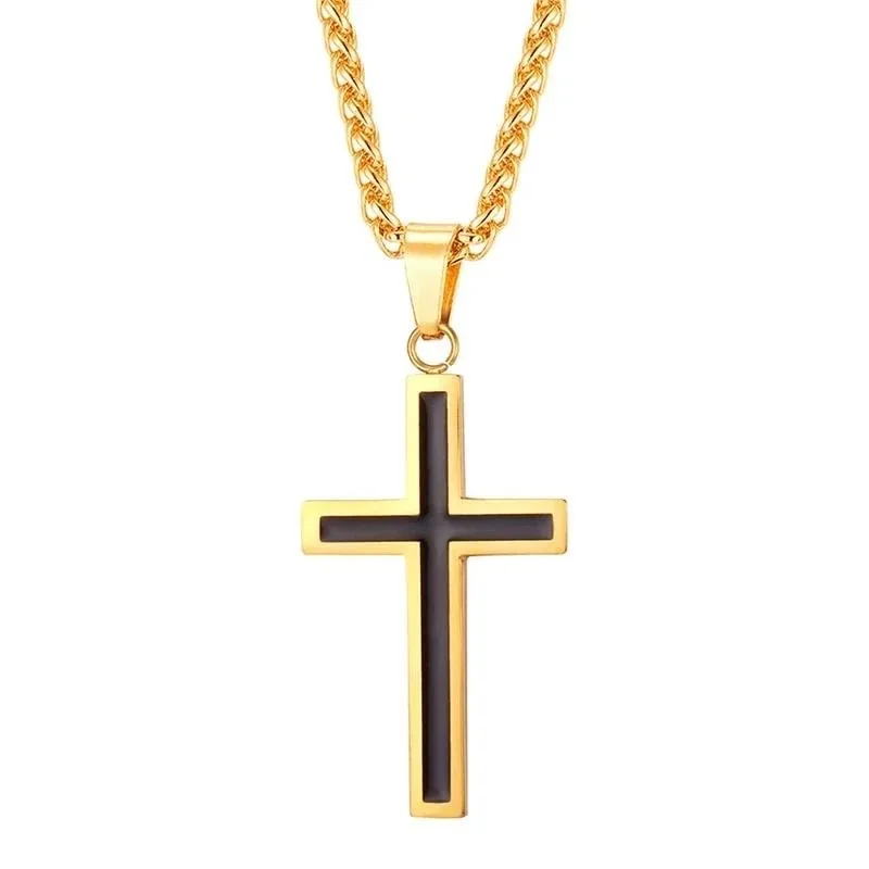

Karopel Cross Necklace Men's Pendant with Chain Stainless Steel Black Gold Pendant Necklace Religious Christian Jewelry Gifts