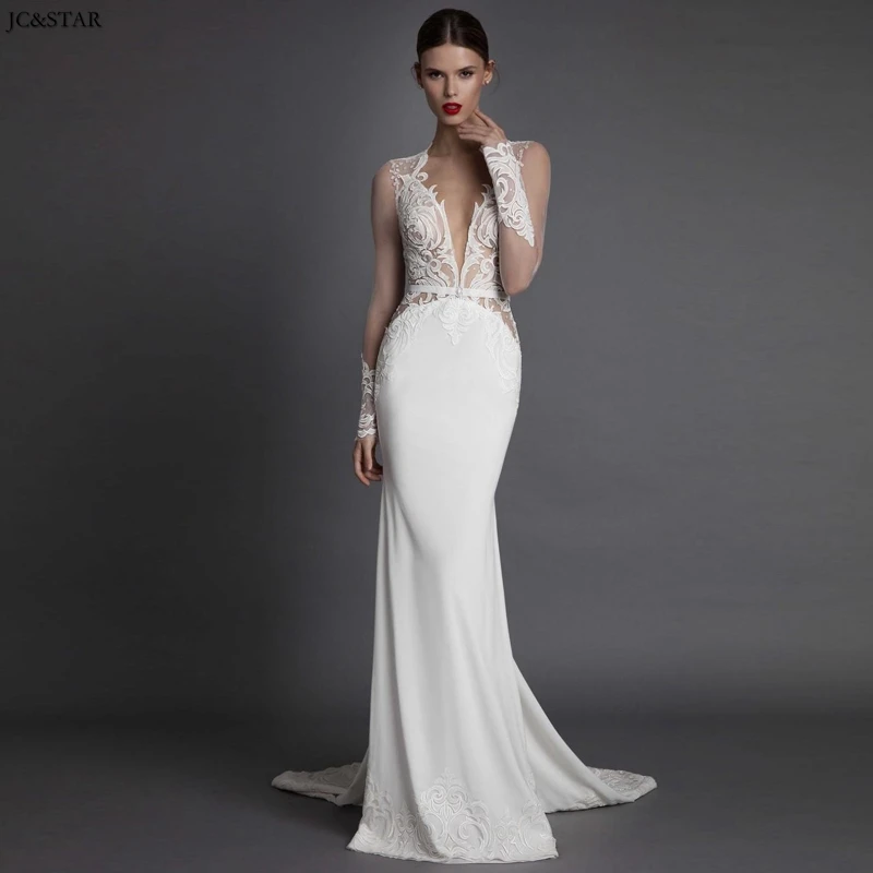 

vestido de noiva sereia new lace satin long sleeve ivory sexy mermaid beach wedding dress tail robe mariage custom abido da spos