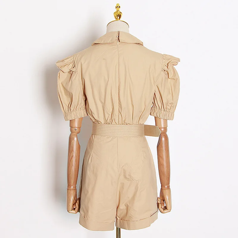 

2020 Summer New Elegant V-neck Ruffles Lace Stitching High Waist Waistband Jumpsuit Wide Leg Shorts Women
