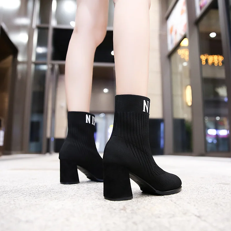 Женские вязаные эластичные осенние ботильоны на среднем квадратном каблуке