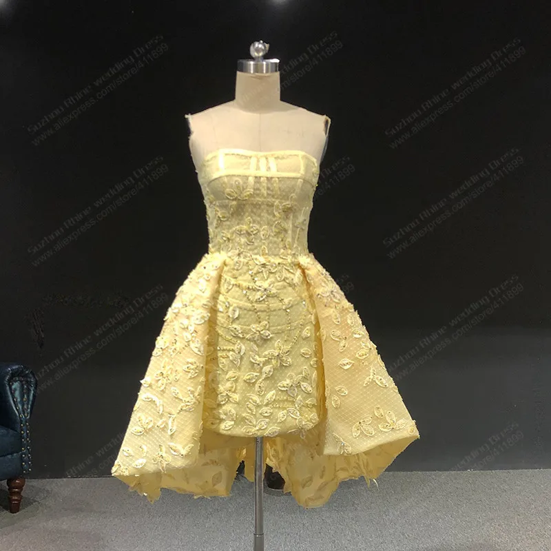 

Rhine Real Picture Zuhair Murad Strapless Yellow Lace Beads Mini Short Party evening dress long formal dresses