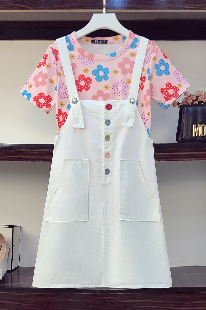 

Summer Two Piece Set Fashion O-Neck Short Print T-Shirt and Solid Color Slim Strap Dress 2021 Women Casual Suits