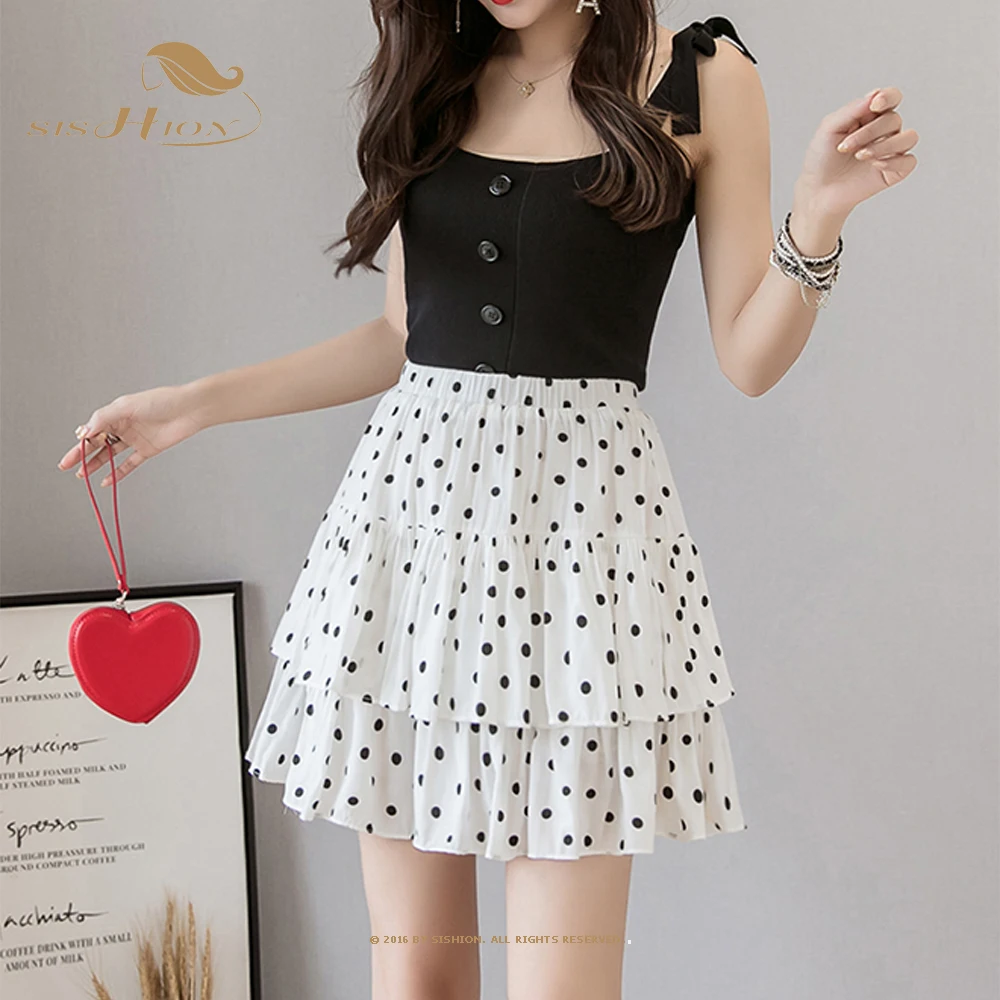 

SISHION White Mini Cake Skirt VD1753 Women Fashion Polka Dot Print Pleated Short Beach Skirt Falads