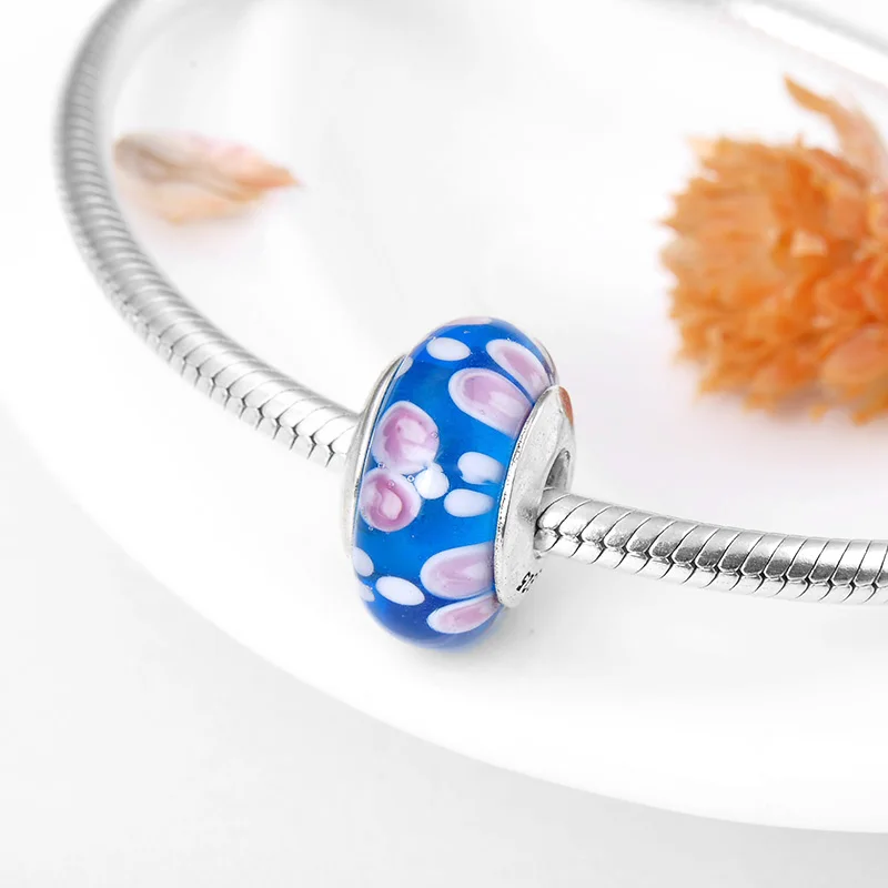 Стерлинговое Серебро 925 пробы цвет розовый/синий цветок европейские стеклянные