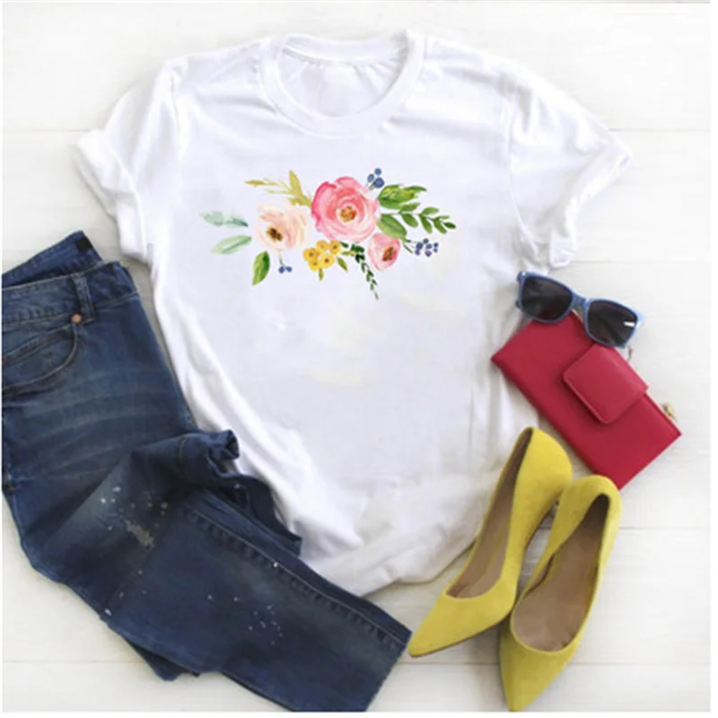 

Ladies Fashion Flower Print Graphic T-shirt Korean Harajuku Short Sleeve Top T-shirt Femme AOWOF New Kawaii T-shirt
