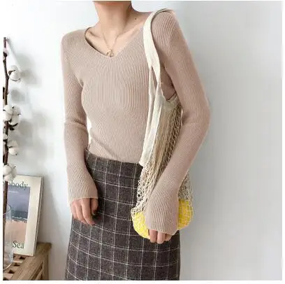 Light khaki Женские свитера и пуловеры, новинка, осенне-зимняя одежда, повседневные однотонные вязаные топы с длинным рукавом, Женские базовые свитера с v-образным вырезом - Цвет: Light khaki